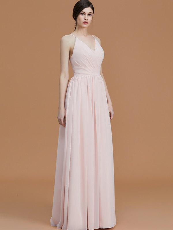 A-Line/Princess Spaghetti Straps Sleeveless Floor-Length Ruched Chiffon Bridesmaid Dresses Evening Prom Dress