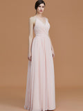 A-Line/Princess Spaghetti Straps Sleeveless Floor-Length Ruched Chiffon Bridesmaid Dresses Evening Prom Dress
