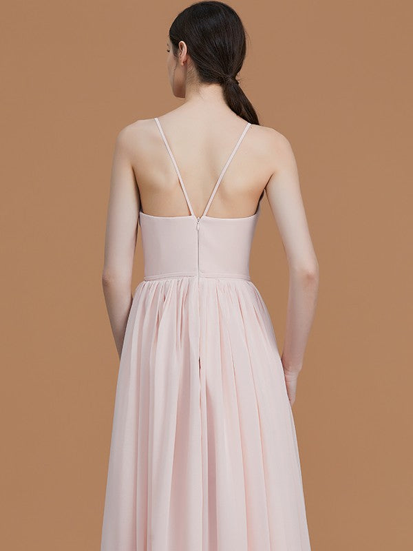 A-Line/Princess Spaghetti Straps Sleeveless Floor-Length Ruched Chiffon Bridesmaid Dresses Evening Prom Dress