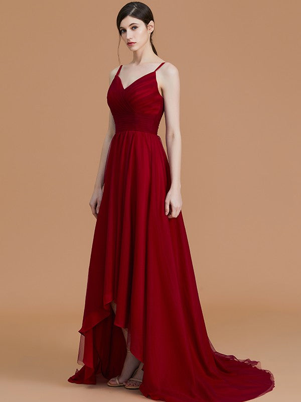 A-Linie/Princess-Linie Spaghettiträger Ärmellos Asymmetrisch Rüschen Chiffon Brautjungfernkleider Abendkleid