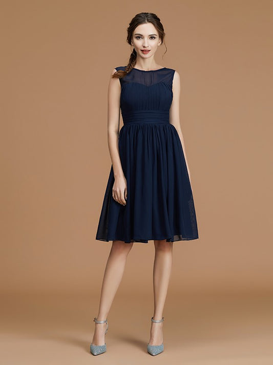 A-Linie/Princess-Linie Bateau-Ausschnitt Ärmellos Kurz/Mini Rüschen Chiffon Brautjungfernkleider Hochzeitsgast Ballkleid