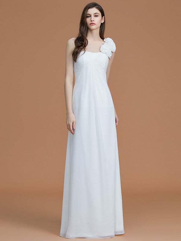 A-Line/Princess One-Shoulder Sleeveless Floor-Length Hand-Made Flower Chiffon Bridesmaid Dresses Formal Evening Dress