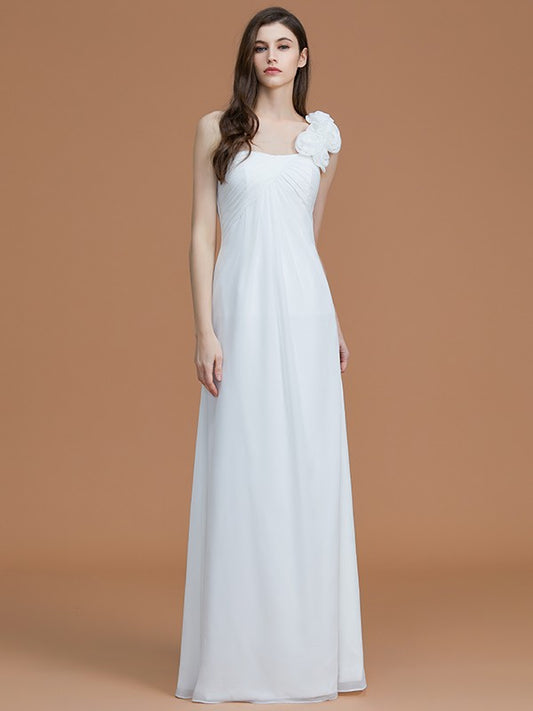 A-Line/Princess One-Shoulder Sleeveless Floor-Length Hand-Made Flower Chiffon Bridesmaid Dresses Formal Evening Dress