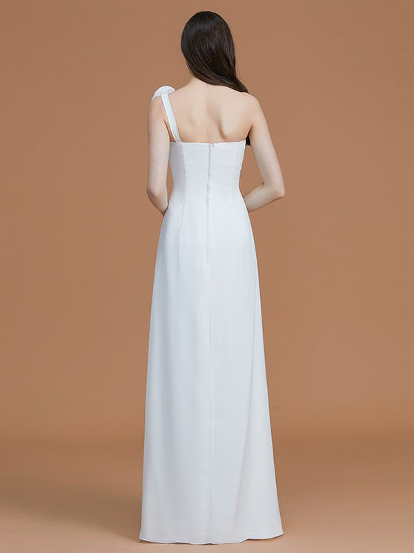 A-Line/Princess One-Shoulder Sleeveless Floor-Length Hand-Made Flower Chiffon Bridesmaid Dresses Formal Evening Dress