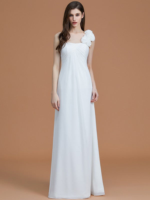 A-Line/Princess One-Shoulder Sleeveless Floor-Length Hand-Made Flower Chiffon Bridesmaid Dresses Formal Evening Dress