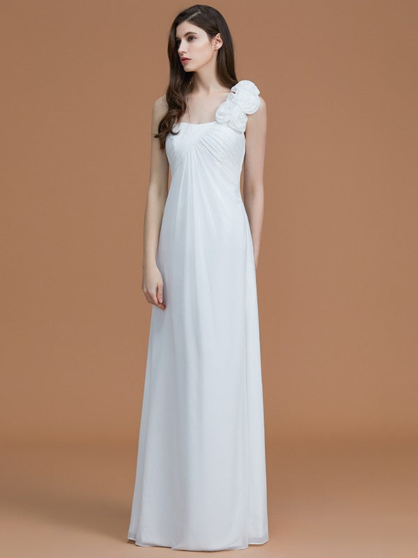 A-Line/Princess One-Shoulder Sleeveless Floor-Length Hand-Made Flower Chiffon Bridesmaid Dresses Formal Evening Dress