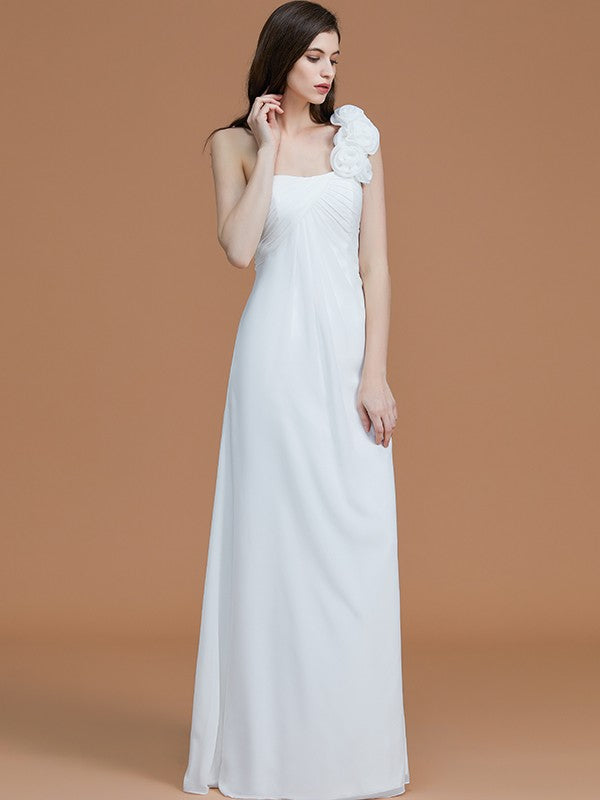 A-Line/Princess One-Shoulder Sleeveless Floor-Length Hand-Made Flower Chiffon Bridesmaid Dresses Formal Evening Dress