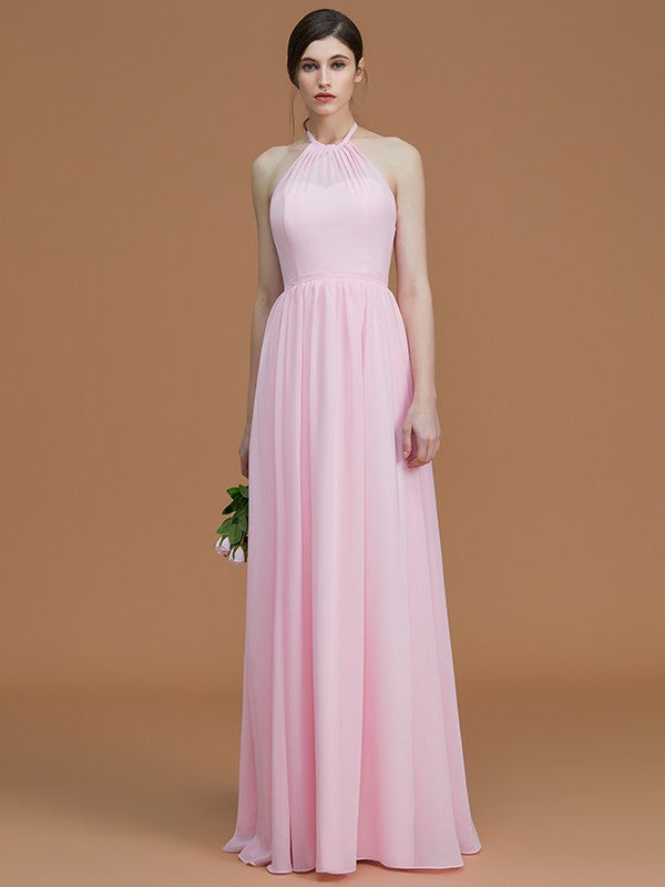 A-Line/Princess Halter Sleeveless Floor-Length Ruched Chiffon Bridesmaid Dresses Evening Prom Dress