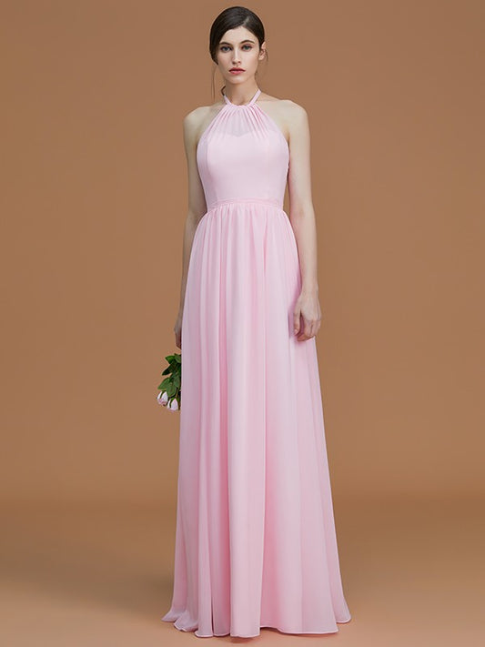A-Line/Princess Halter Sleeveless Floor-Length Ruched Chiffon Bridesmaid Dresses Evening Prom Dress