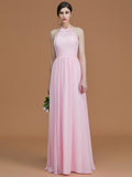A-Line/Princess Halter Sleeveless Floor-Length Ruched Chiffon Bridesmaid Dresses Evening Prom Dress