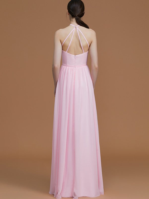 A-Line/Princess Halter Sleeveless Floor-Length Ruched Chiffon Bridesmaid Dresses Evening Prom Dress