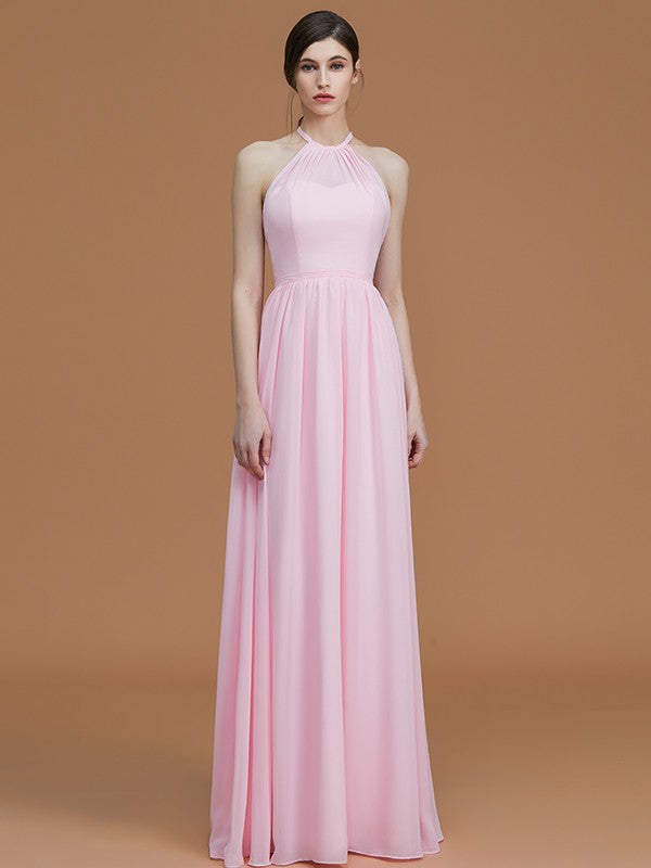 A-Line/Princess Halter Sleeveless Floor-Length Ruched Chiffon Bridesmaid Dresses Evening Prom Dress