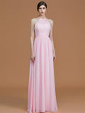 A-Line/Princess Halter Sleeveless Floor-Length Ruched Chiffon Bridesmaid Dresses Evening Prom Dress