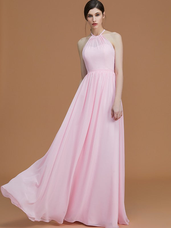 A-Line/Princess Halter Sleeveless Floor-Length Ruched Chiffon Bridesmaid Dresses Evening Prom Dress
