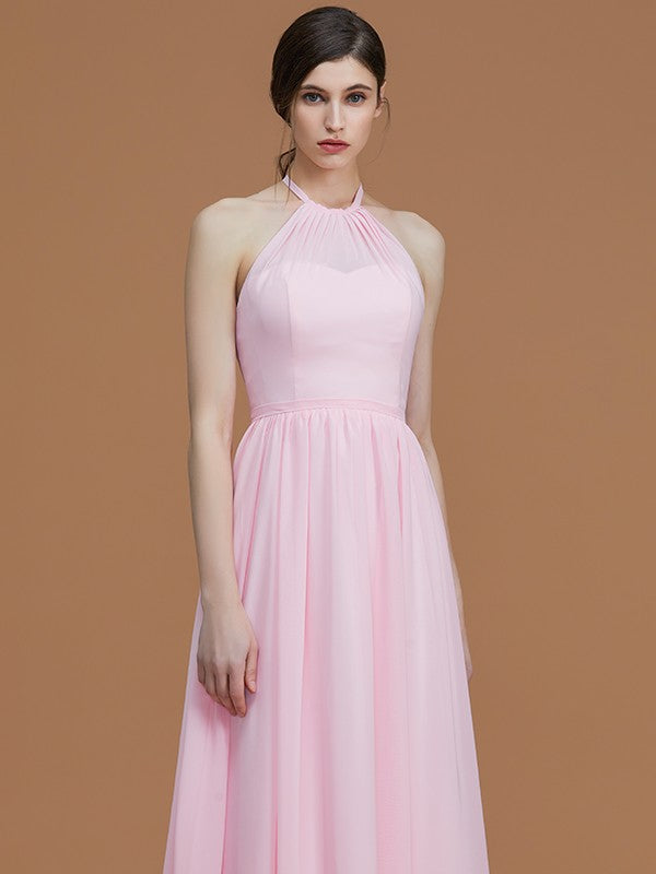 A-Line/Princess Halter Sleeveless Floor-Length Ruched Chiffon Bridesmaid Dresses Evening Prom Dress