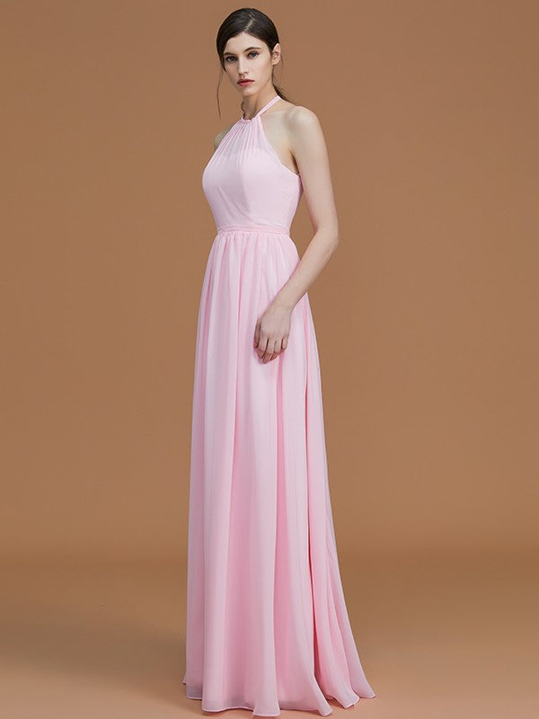 A-Line/Princess Halter Sleeveless Floor-Length Ruched Chiffon Bridesmaid Dresses Evening Prom Dress