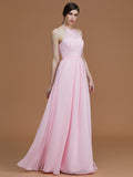 A-Line/Princess Halter Sleeveless Floor-Length Ruched Chiffon Bridesmaid Dresses Evening Prom Dress