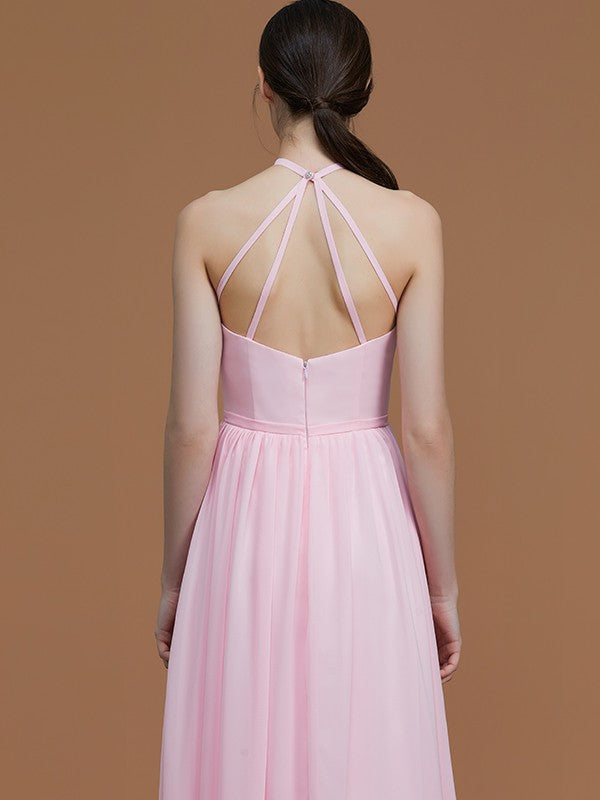 A-Line/Princess Halter Sleeveless Floor-Length Ruched Chiffon Bridesmaid Dresses Evening Prom Dress