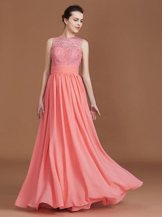 A-Line/Princess Jewel Sleeveless Lace Floor-Length Chiffon Bridesmaid Dresses Evening Prom Dress