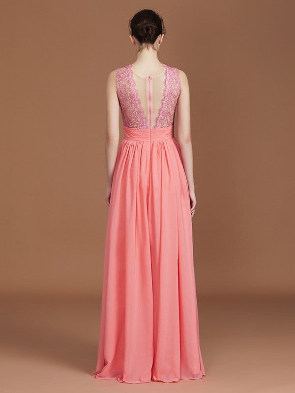 A-Line/Princess Jewel Sleeveless Lace Floor-Length Chiffon Bridesmaid Dresses Evening Prom Dress