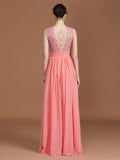 A-Line/Princess Jewel Sleeveless Lace Floor-Length Chiffon Bridesmaid Dresses Evening Prom Dress