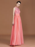 A-Line/Princess Jewel Sleeveless Lace Floor-Length Chiffon Bridesmaid Dresses Evening Prom Dress