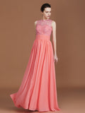 A-Line/Princess Jewel Sleeveless Lace Floor-Length Chiffon Bridesmaid Dresses Evening Prom Dress