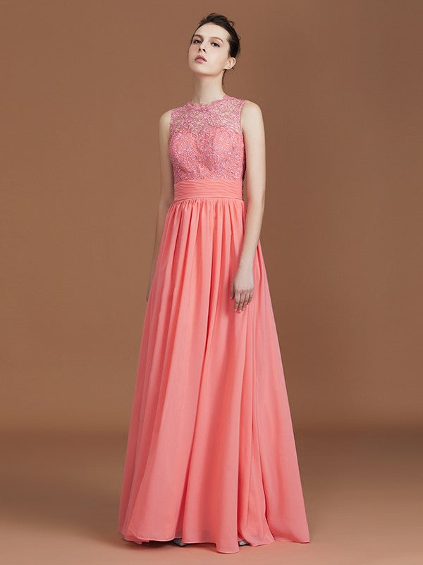 A-Line/Princess Jewel Sleeveless Lace Floor-Length Chiffon Bridesmaid Dresses Evening Prom Dress