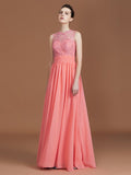 A-Line/Princess Jewel Sleeveless Lace Floor-Length Chiffon Bridesmaid Dresses Evening Prom Dress