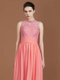 A-Line/Princess Jewel Sleeveless Lace Floor-Length Chiffon Bridesmaid Dresses Evening Prom Dress