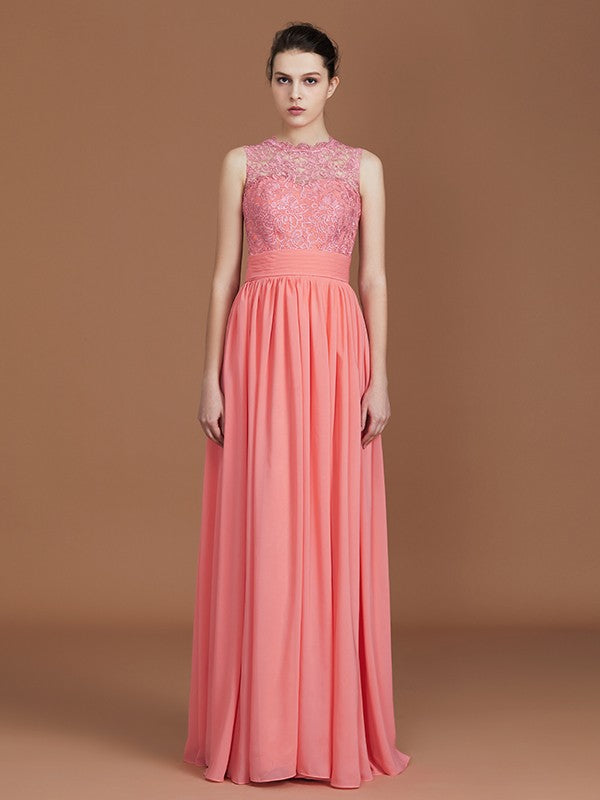 A-Line/Princess Jewel Sleeveless Lace Floor-Length Chiffon Bridesmaid Dresses Evening Prom Dress