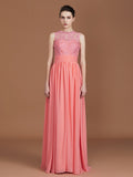 A-Line/Princess Jewel Sleeveless Lace Floor-Length Chiffon Bridesmaid Dresses Evening Prom Dress