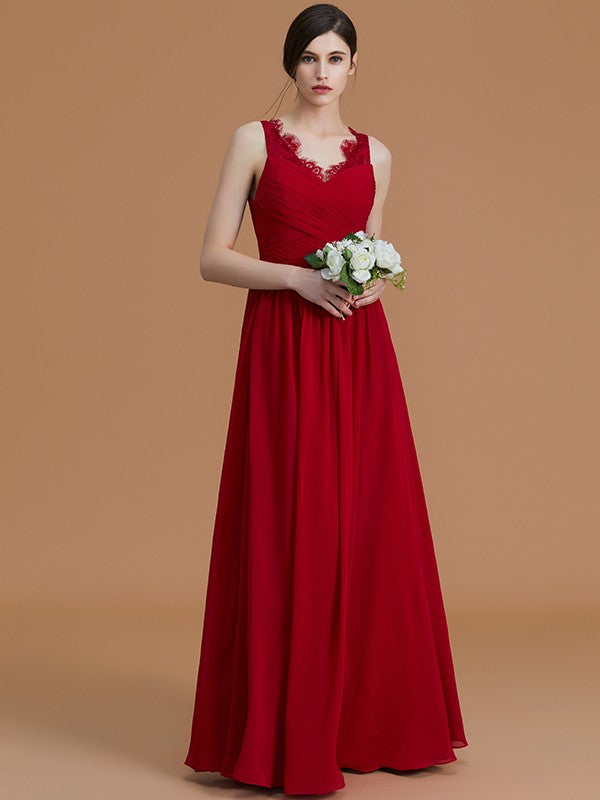 A-Line/Princess V-neck Sleeveless Floor-Length Ruffles Chiffon Bridesmaid Dresses Evening Prom Dress