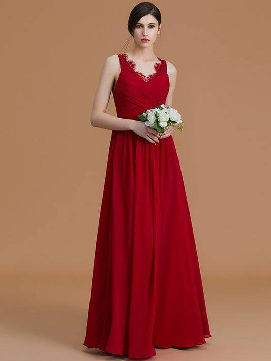 A-Line/Princess V-neck Sleeveless Floor-Length Ruffles Chiffon Bridesmaid Dresses Evening Prom Dress