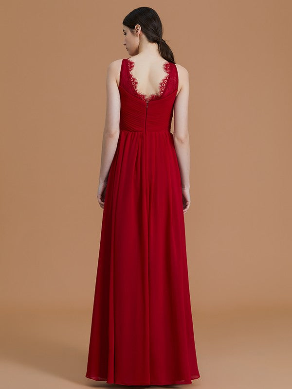 A-Line/Princess V-neck Sleeveless Floor-Length Ruffles Chiffon Bridesmaid Dresses Evening Prom Dress