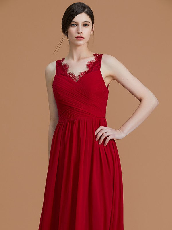 A-Line/Princess V-neck Sleeveless Floor-Length Ruffles Chiffon Bridesmaid Dresses Evening Prom Dress