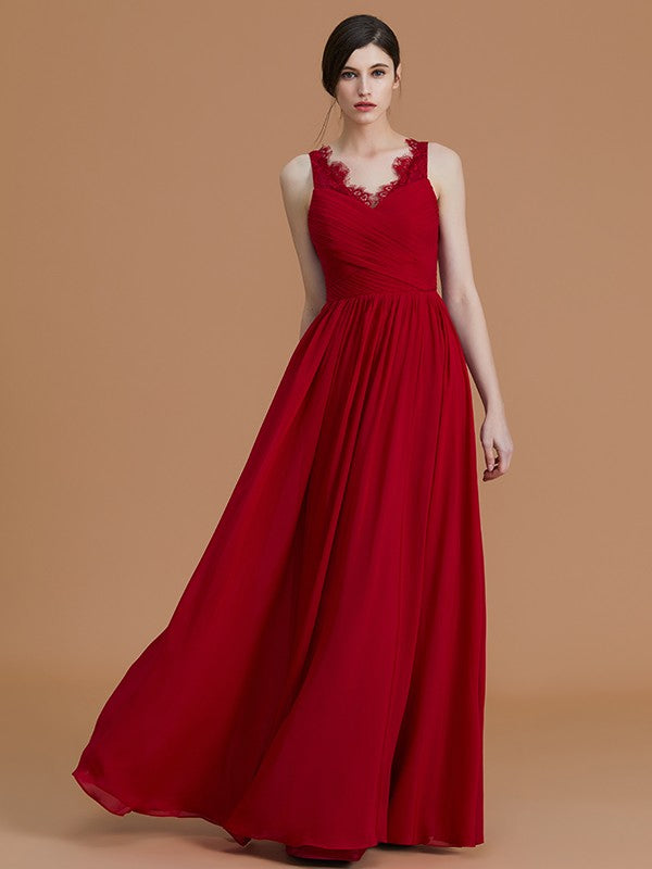 A-Line/Princess V-neck Sleeveless Floor-Length Ruffles Chiffon Bridesmaid Dresses Evening Prom Dress