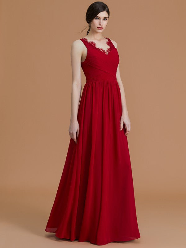 A-Line/Princess V-neck Sleeveless Floor-Length Ruffles Chiffon Bridesmaid Dresses Evening Prom Dress