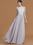A-Line/Princess Halter Sleeveless Floor-Length Lace Chiffon Bridesmaid Dresses Evening Dress