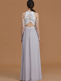 A-Line/Princess Halter Sleeveless Floor-Length Lace Chiffon Bridesmaid Dresses Evening Dress