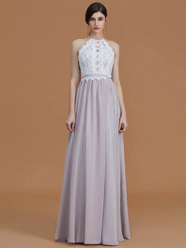 A-Line/Princess Halter Sleeveless Floor-Length Lace Chiffon Bridesmaid Dresses Evening Dress