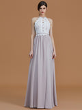 A-Line/Princess Halter Sleeveless Floor-Length Lace Chiffon Bridesmaid Dresses Evening Dress