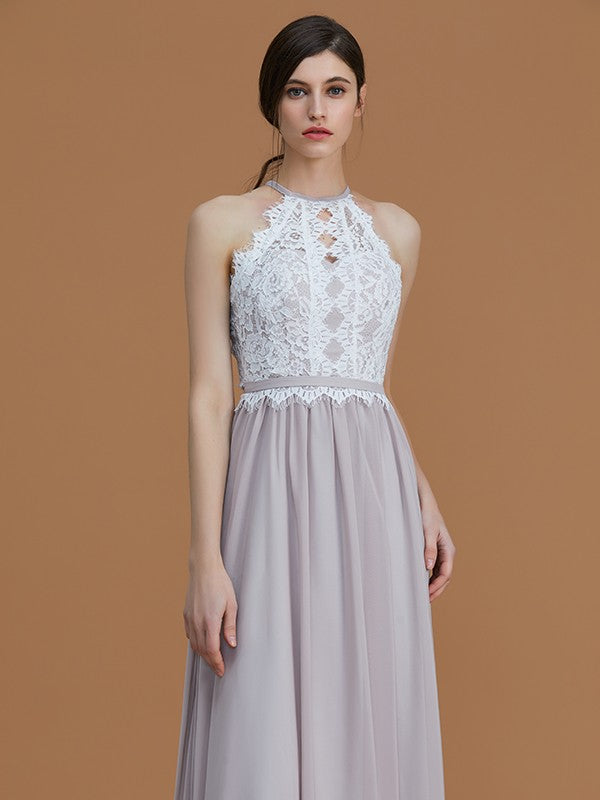 A-Line/Princess Halter Sleeveless Floor-Length Lace Chiffon Bridesmaid Dresses Evening Dress