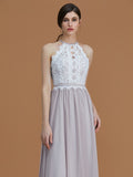 A-Line/Princess Halter Sleeveless Floor-Length Lace Chiffon Bridesmaid Dresses Evening Dress