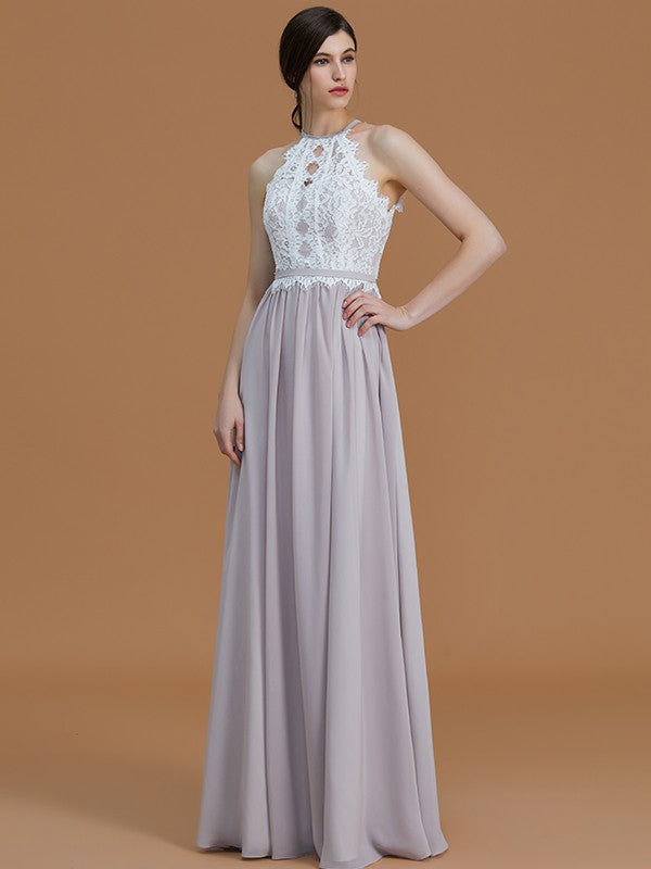 A-Line/Princess Halter Sleeveless Floor-Length Lace Chiffon Bridesmaid Dresses Evening Dress