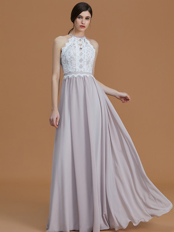 A-Line/Princess Halter Sleeveless Floor-Length Lace Chiffon Bridesmaid Dresses Evening Dress