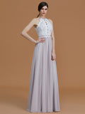 A-Line/Princess Halter Sleeveless Floor-Length Lace Chiffon Bridesmaid Dresses Evening Dress