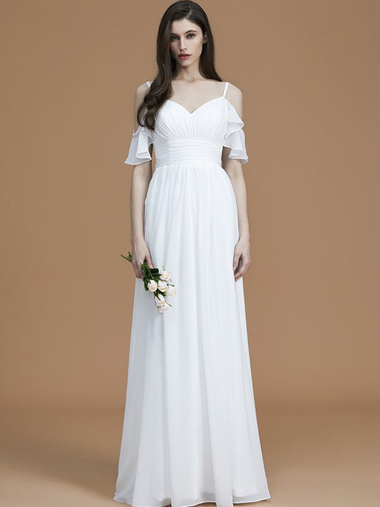 A-Line/Princess Spaghetti Straps Sleeveless Floor-Length Ruffles Chiffon Bridesmaid Dresses Evening Dress