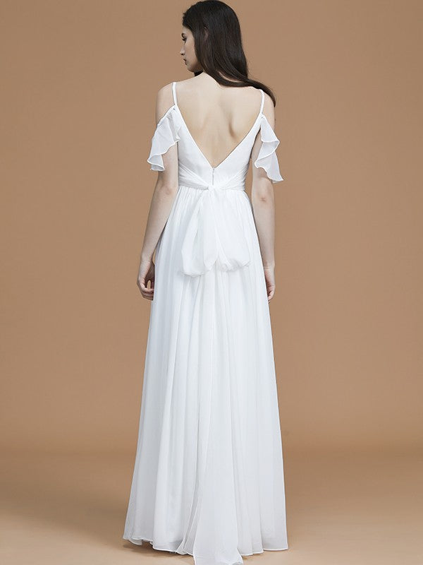 A-Line/Princess Spaghetti Straps Sleeveless Floor-Length Ruffles Chiffon Bridesmaid Dresses Evening Dress