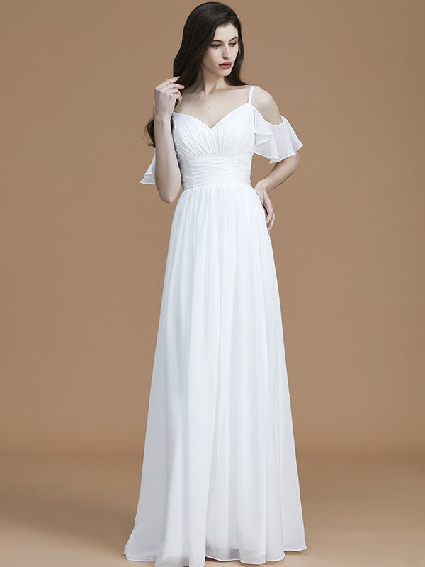 A-Line/Princess Spaghetti Straps Sleeveless Floor-Length Ruffles Chiffon Bridesmaid Dresses Evening Dress